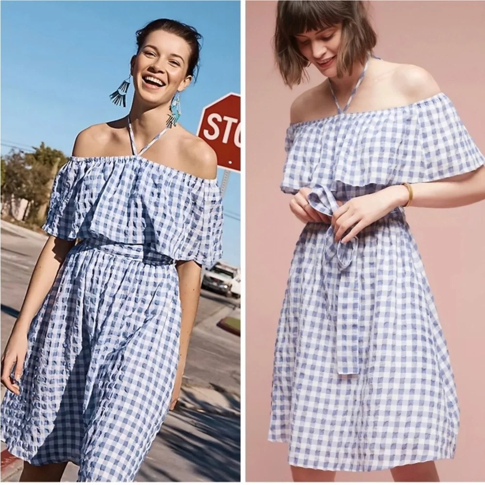 11 1 Tylho Anthropologie XXSP Gingham Ruffle Off The Shoulder Kinsey Dress NWT